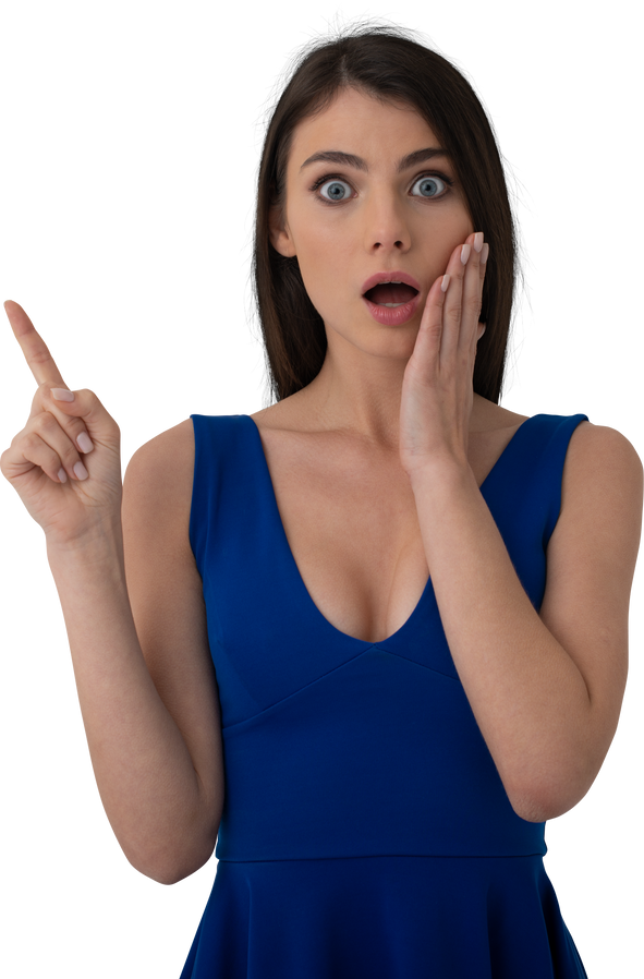Isolated surprised and amazed beautiful  woman indicates something